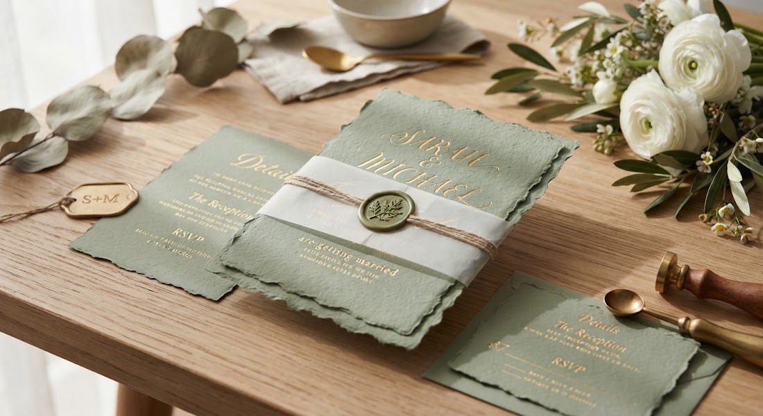 Undangan fisik hardcover sage dengan wax seal emas